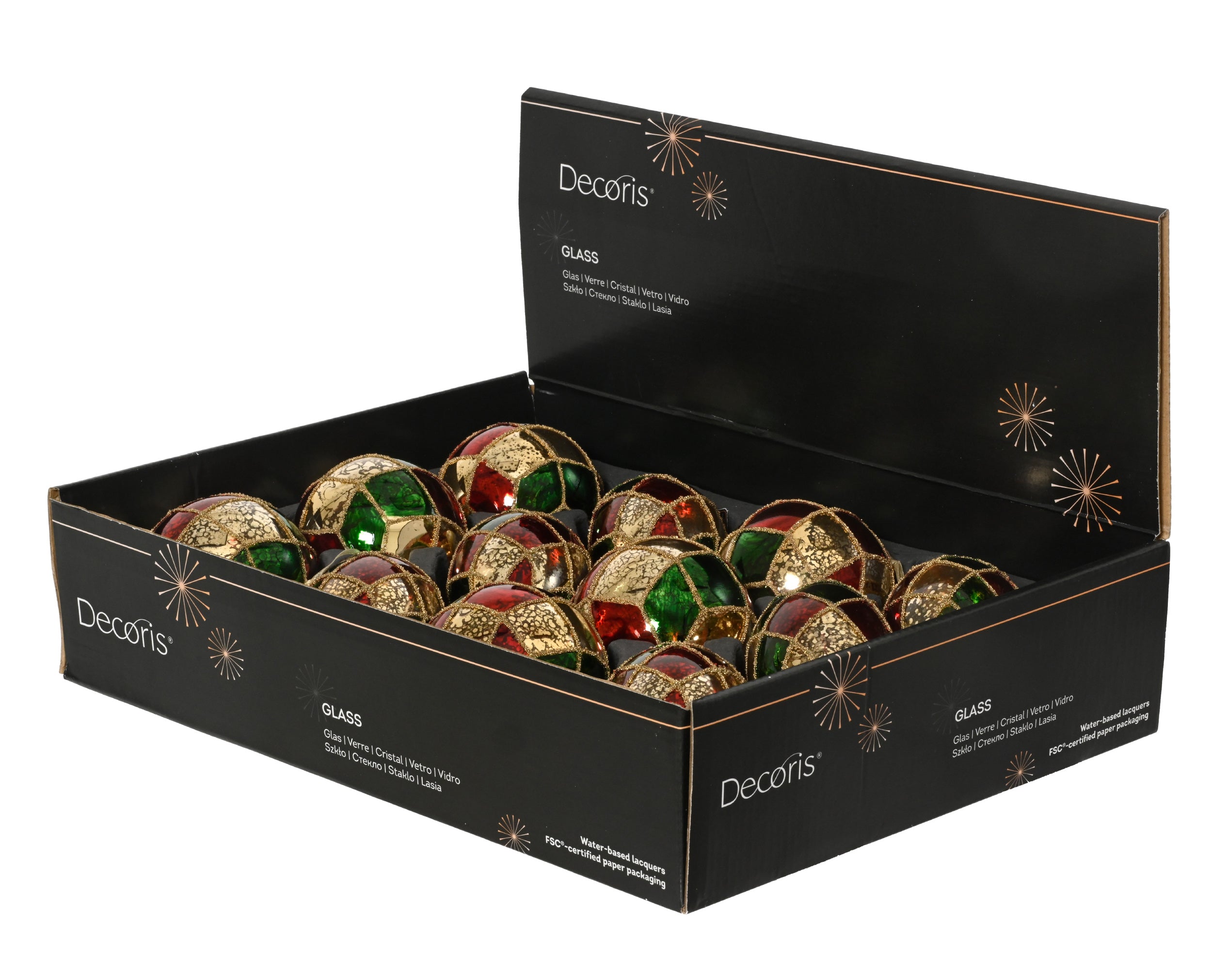 Decoris decorated glass bauble multicolour round and olive 8 cm