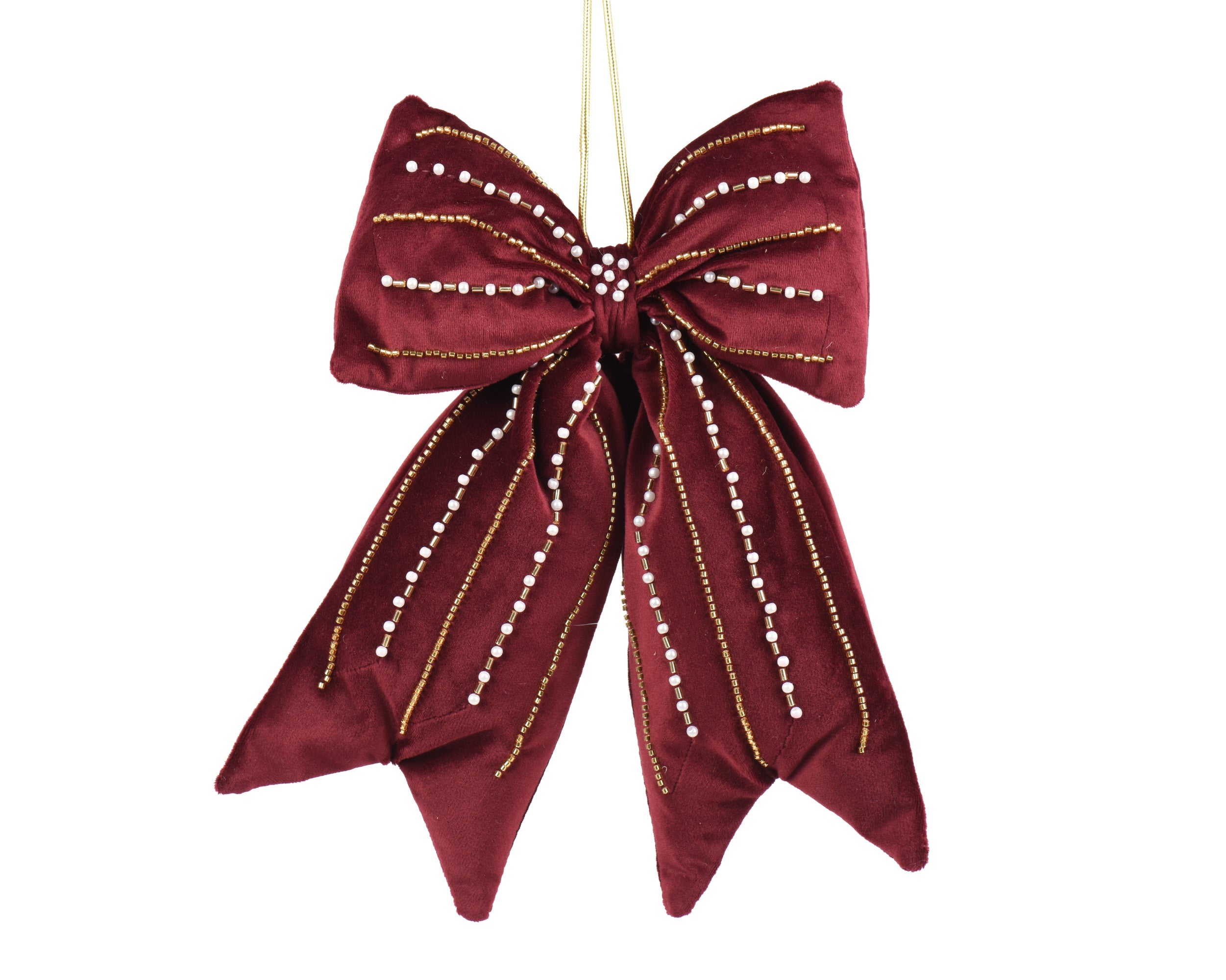 Decoris Bow Burgundy Velvet 30 cm with Gold Beads and Pearls