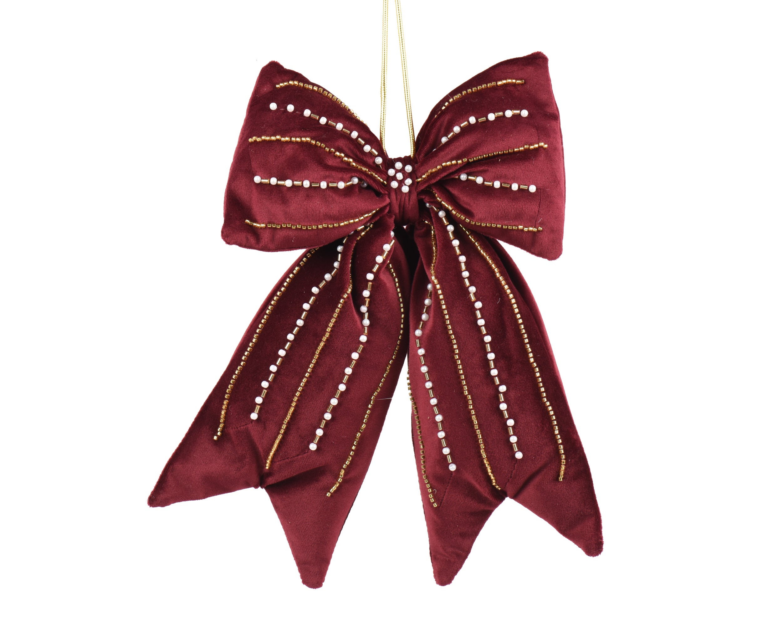 Decoris Velvet Christmas Bow 52 cm Burgundy with Gold Beads and Pearls