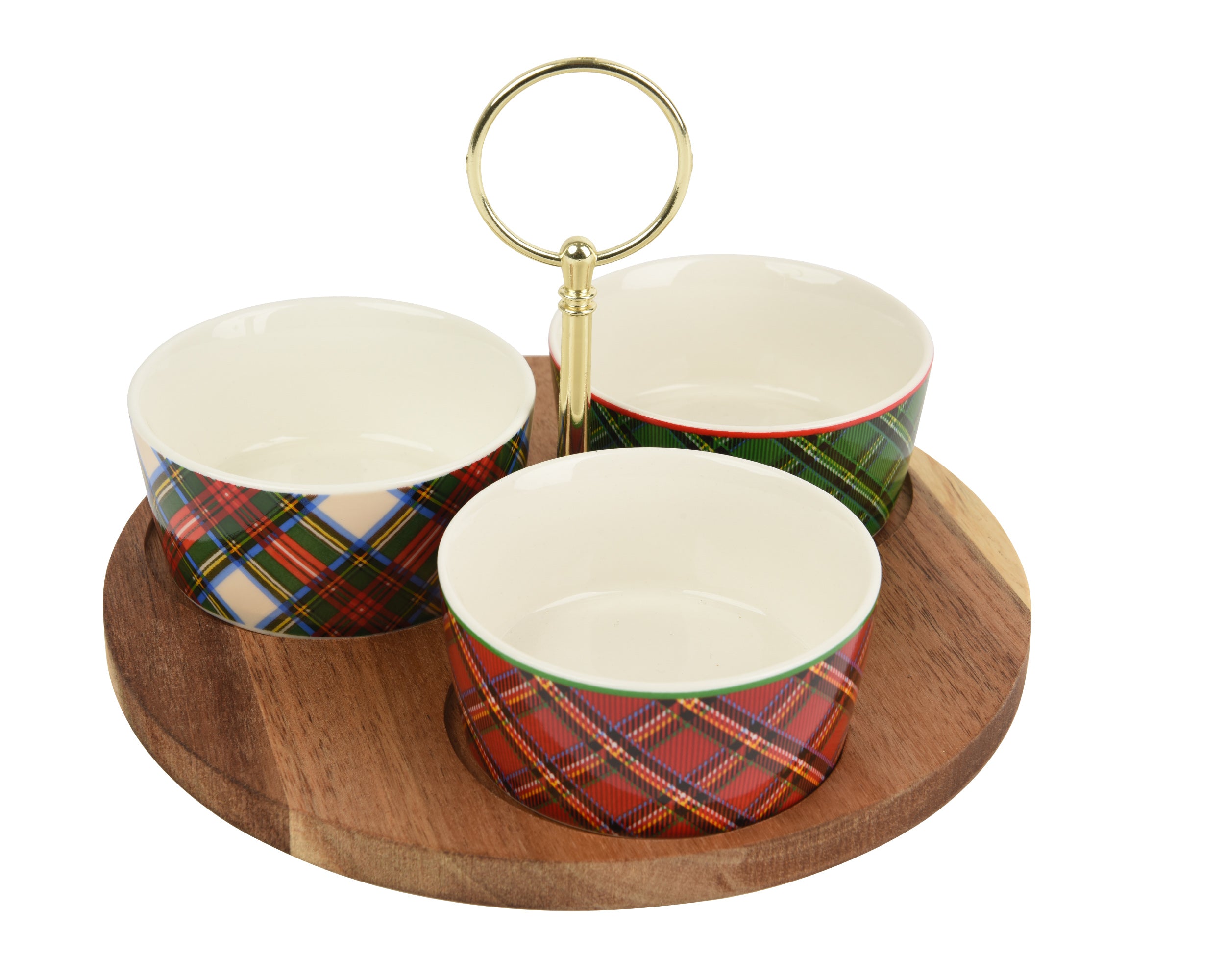 Tapas Set – Round Stoneware Tray with Tartan Check Bowls 20 cm