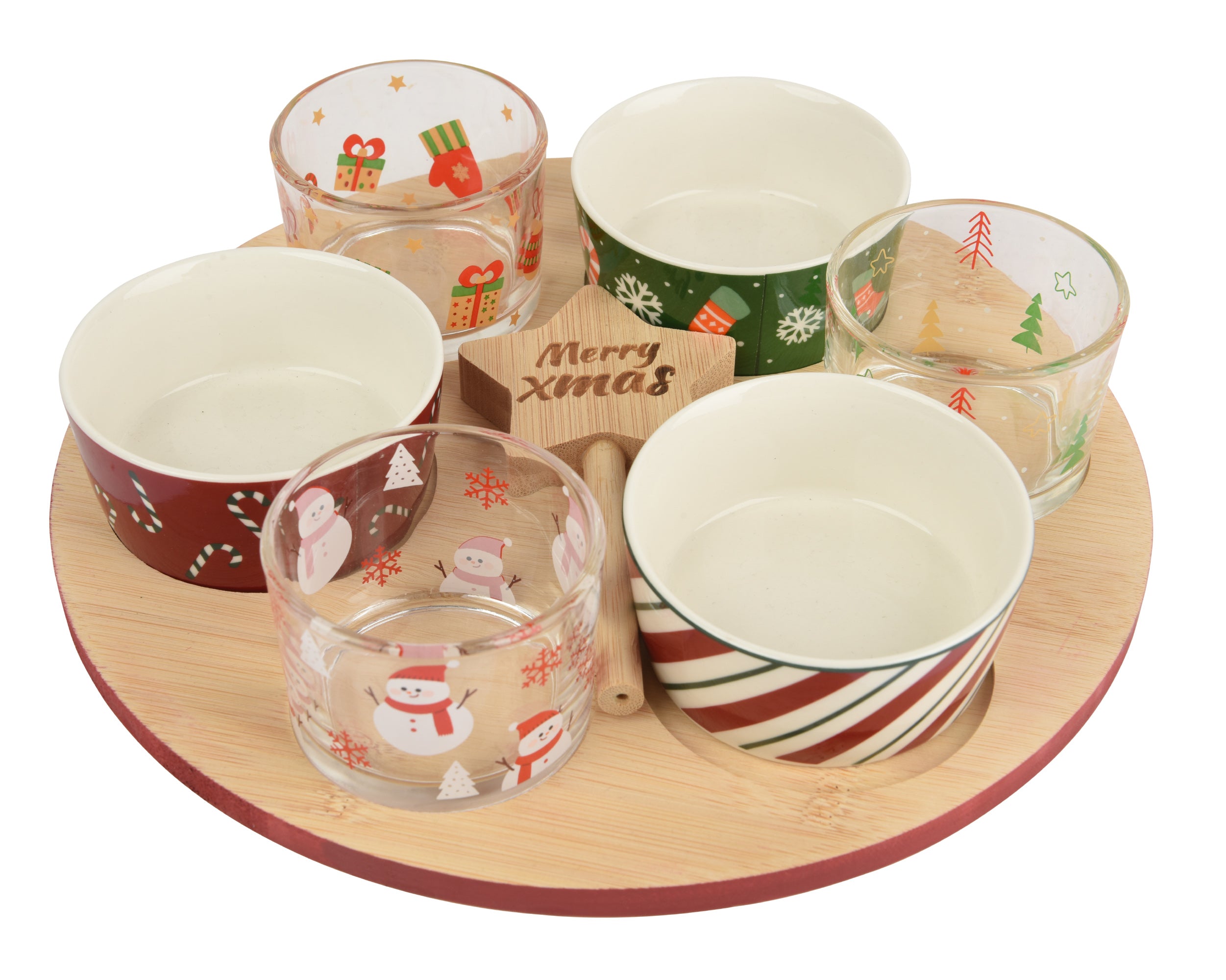 Christmas Tapas Set Round 26 cm Glass Bowls on Tray Multi Colour