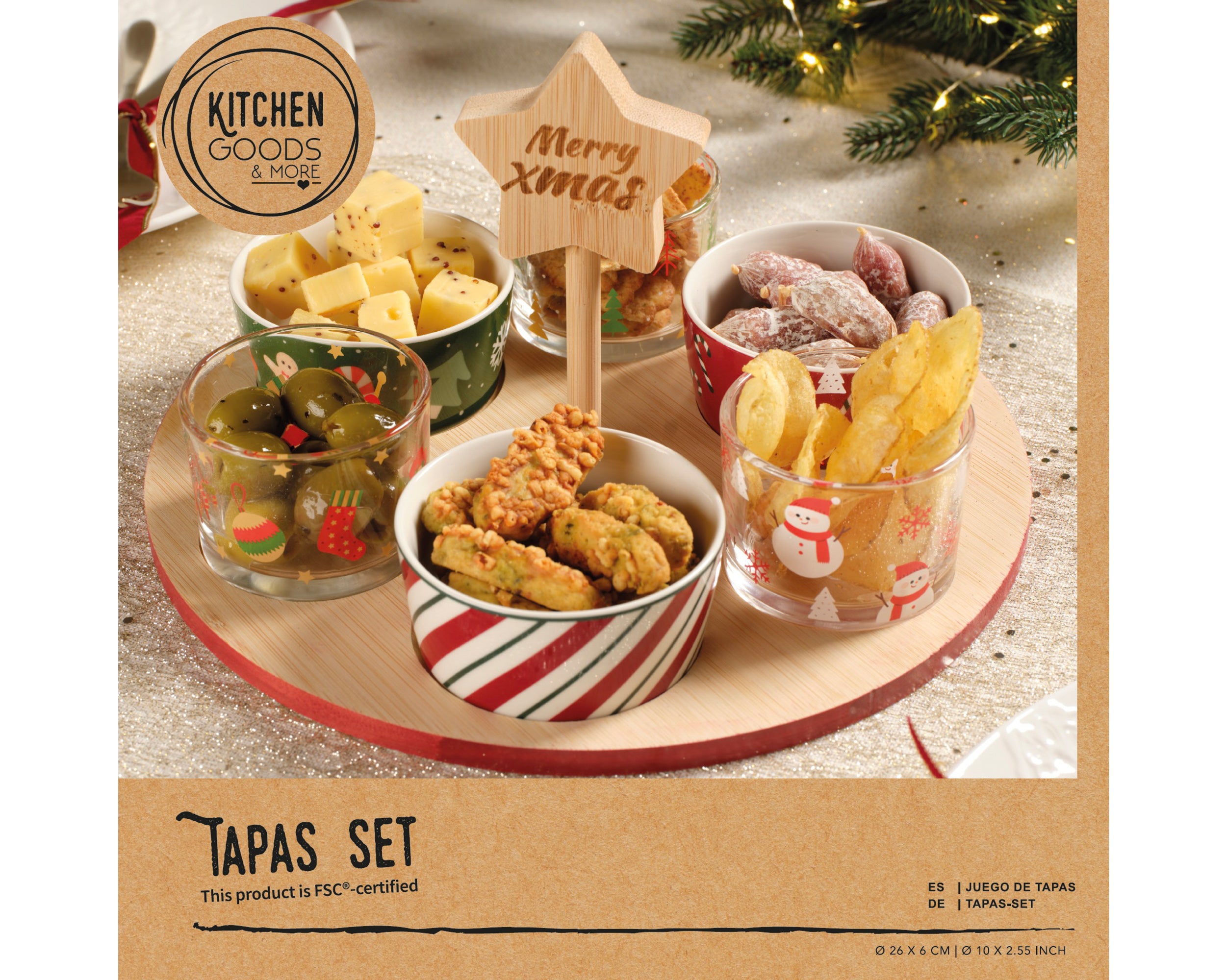 Christmas Tapas Set Round 26 cm Glass Bowls on Tray Multi Colour