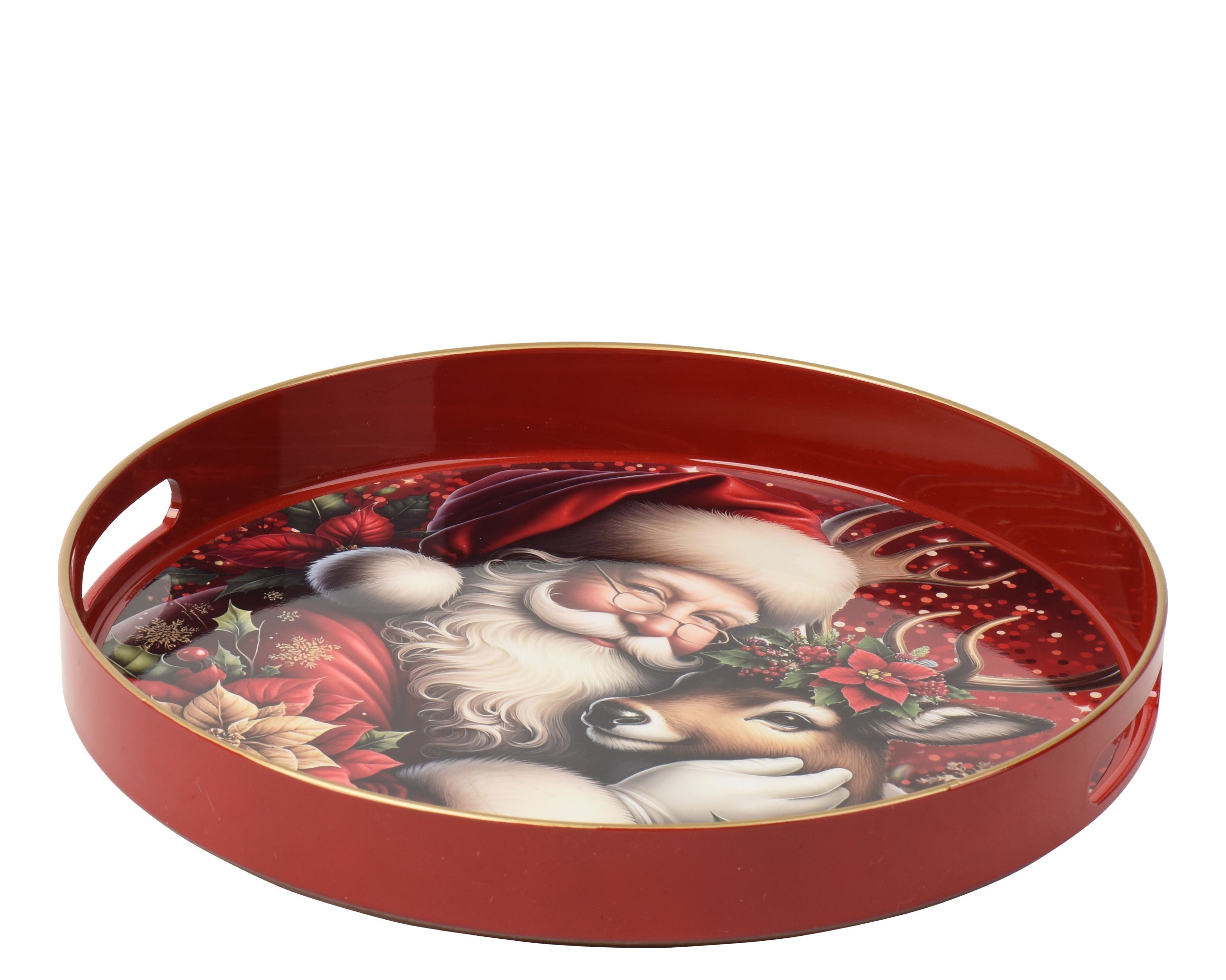 Decoris Round Christmas Serving Tray 33 cm Red with Gold Rim